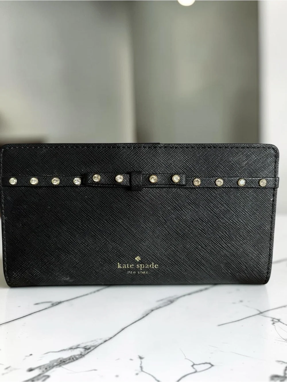 kate spade Black Saffiano Leather wallet with gem -Stud Bow Trim